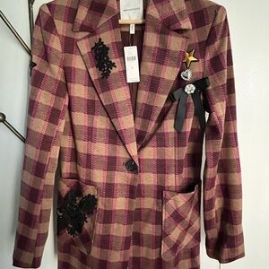 Avec Les Filles Burgundy and Tan Plaid Blazer